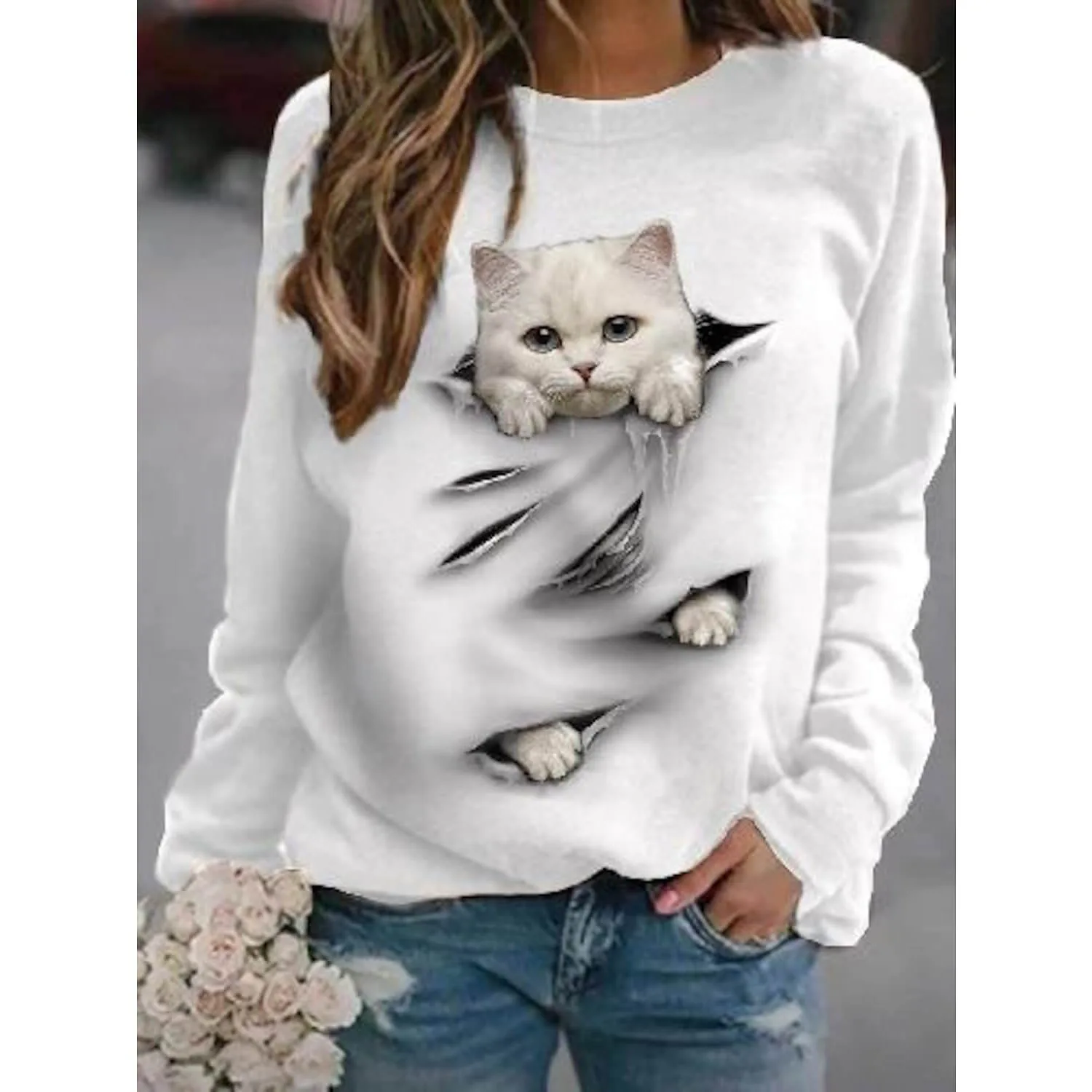 Funny Cute Cat Sweatshirts Animal 3D Print Hoodies Autumn Women Long Sleeve Y2k Hoodie Oversized Pullovers Tops Female Clothing