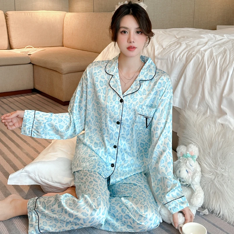 Women\'s Leopard Pajama Set Satin Comfortable Rest Long Sleeve Button Pajama Lounge Pant for Women Sleepwear Home Clothes