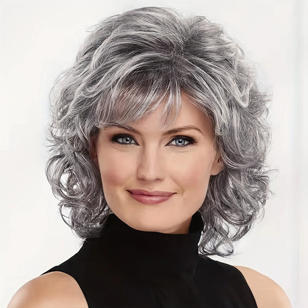 

14 Inch Curly Wig Synthetic Short Mixed Grey Wig Daily Party Christmas Halloween Music Festival Wedding Ball Wedding