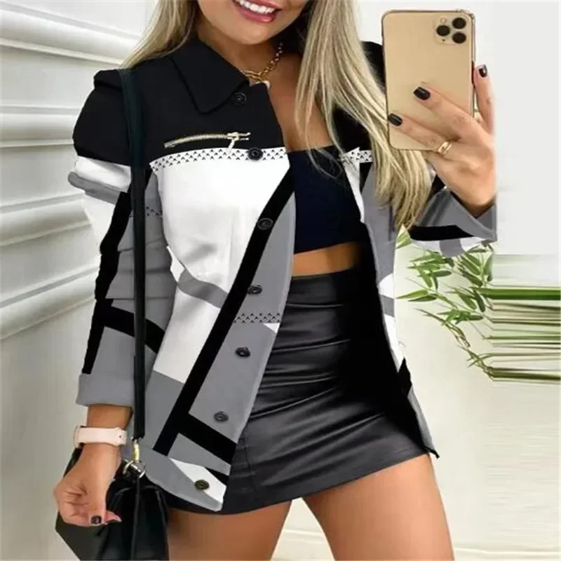 

2024 Autumn and Winter Women's New Fashion High Street Long Sleeve Zipper Color Block Print Polo Collar Versatile Coat