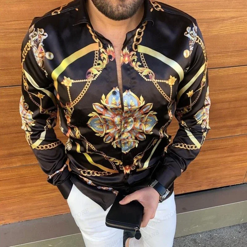 

2024 Fashionable Hawaiian Shirt Spring Summer Men's Fashion Shirt Luxury Gold Shirt Long Sleeve Beach Shirt Men's Top