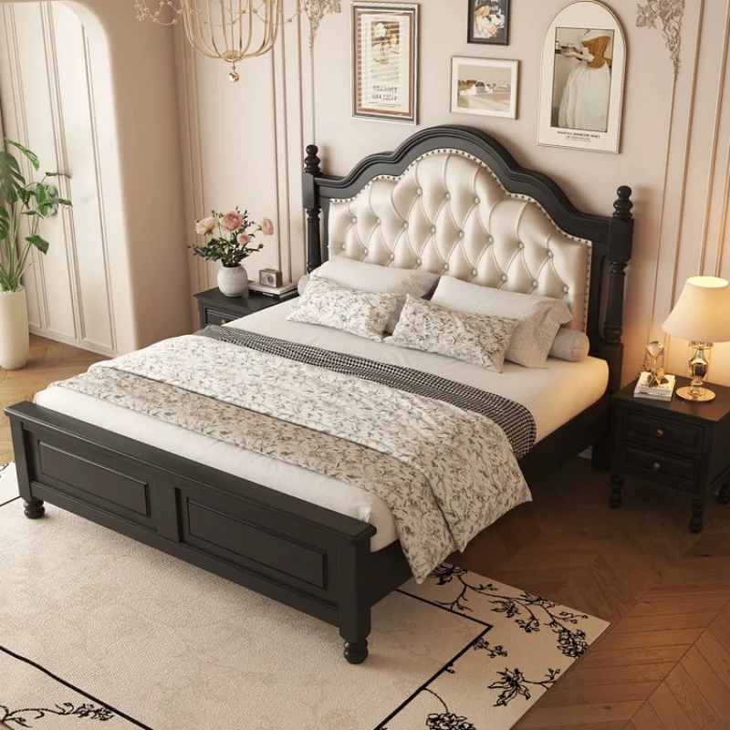 Factory Direct 2026 American country retro solid wood bed soft bag bed. Double bed. Household wedding bed air pressure box frame
