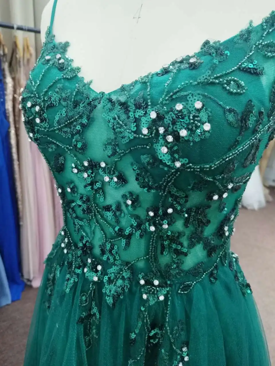 Sunnye New Fairy Dark Green Tulle Evening Dress Sparkly Lace Appliques Prom Dress Spaghetti Straps vestidos de fiesta فساتين سهر