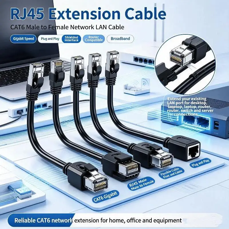1Pcs Network Male Female Elbow 90 Degrees RJ45 Shielded Network Cable Universal 10/50CM CAT6 Ethernet RJ45 Extension Cable