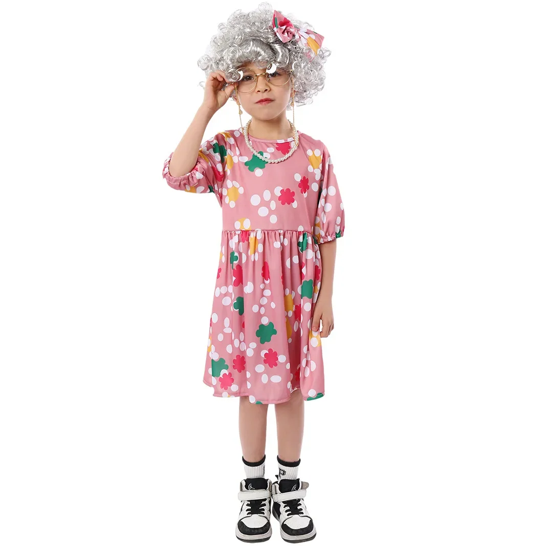 Kindertag Party Leistung Oma Cosplay Rollenspiel Kleid Krücke Perücke Mädchen Halloween Bühne verkleiden Outfit Kostüme