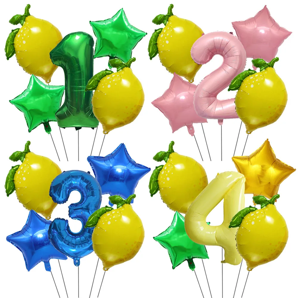 5-teiliges gelbes Zitronenform-Folienballon-Set mit 32-Zoll-Zahlenballons, Sommer-Zitronen-Thema, Geburtstags-, Babyparty-, Strandparty-Dekorationen