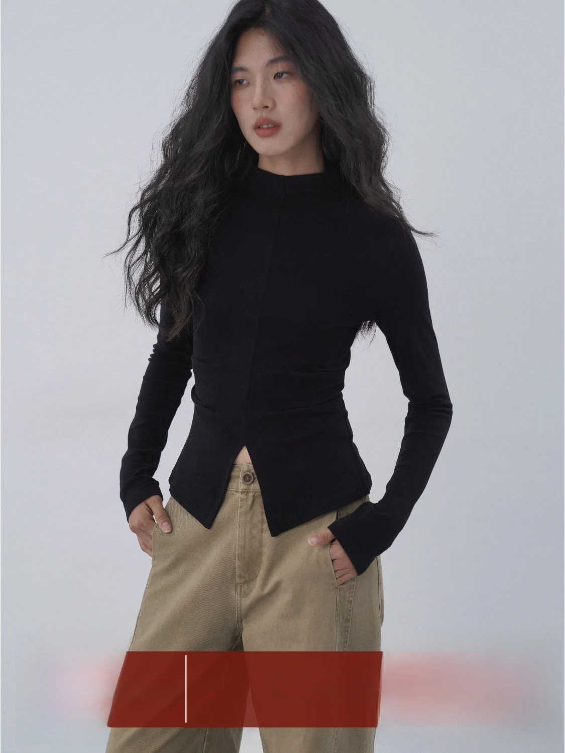 

EIGHTHMONTH Women's Bla High Ne Knitwear Long Sve Slim Fit Base irt Casual Sle Split Design Inner Wear Top