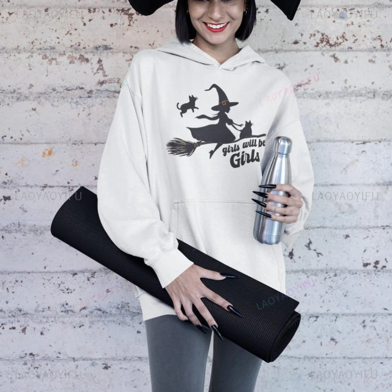 

Girls Will Be Girls Witch Pullover Lover Gift Witchy Halloween Hoody Spooky Season Sweatshirt Black Cat Oversized Fall Hoodie