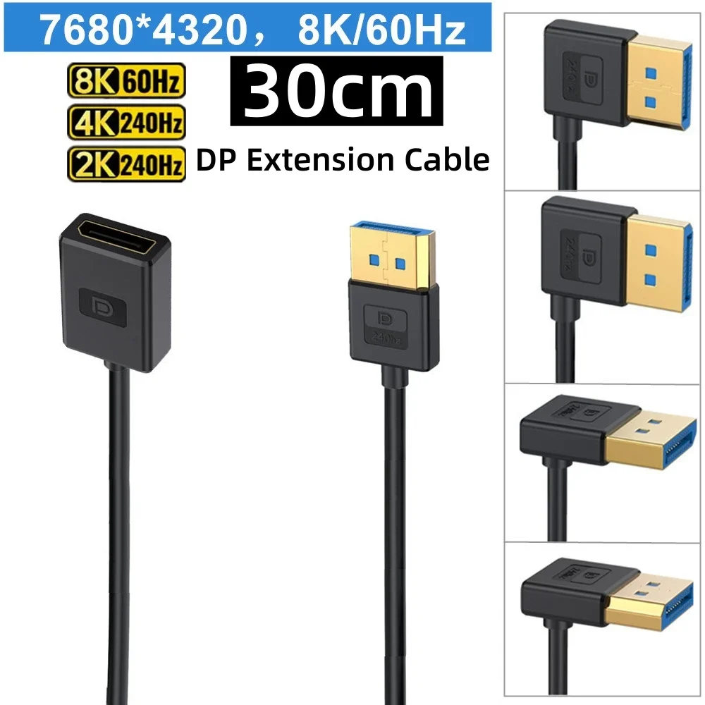 0.3M DisplayPort 1.4 Extension Cable Up/Down/Left/Right Angle 90 Degree DP 8K60Hz 4K144Hz Video Audio Cord for Laptop PC Monitor