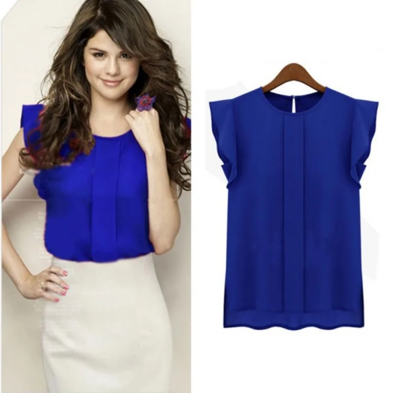 Women Candy Color Chiffon Round Collar Short Ruffle Sleeve Loose Shirt Blouse Tops