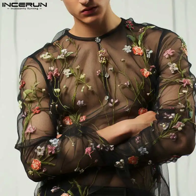 INCERUN Men T Shirt Mesh See Through Embroidery O-neck Long Sleeve Men Clothing 2024 Streetwear Sexy Fashion Party Camisetas