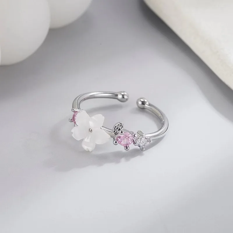 Women's Silver Color Pink Flower Shell Zircon Jewelry Set