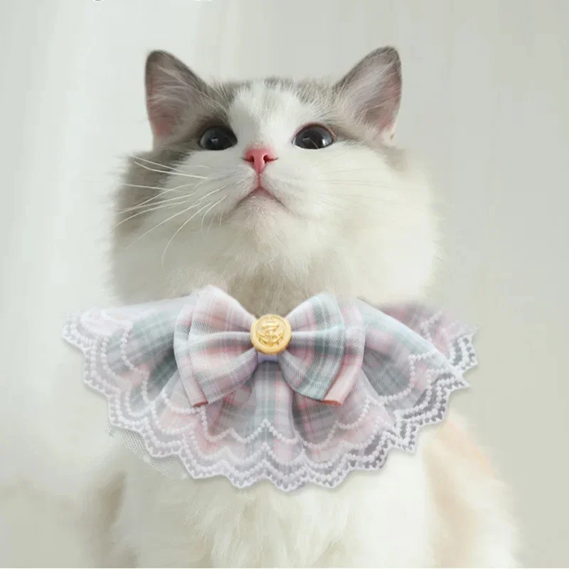 

Lovely Pet Lace Bib Saliva Towel Sweet Cute Cat Bowknot Necklaces Decoration Plaid Pets Collar Accessories For Small Dogs Cats