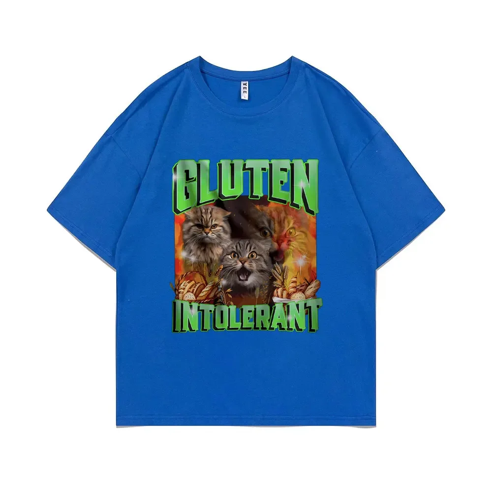 Gluten in Tolerant Cat Funny Meme Print T-shirt Male Fashion Oversized Streetwear Men Women Casual Pure Cotton Short Sleeve Tees