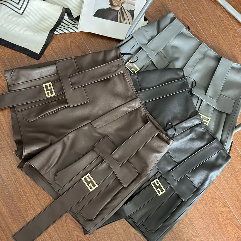 Luxe Echt Leren Shorts Vrouwen Retro High Street Schapenvacht Hoge Taille Mode Cargo Broek Wijde Pijpen Leren Shorts Y 2K Stijl