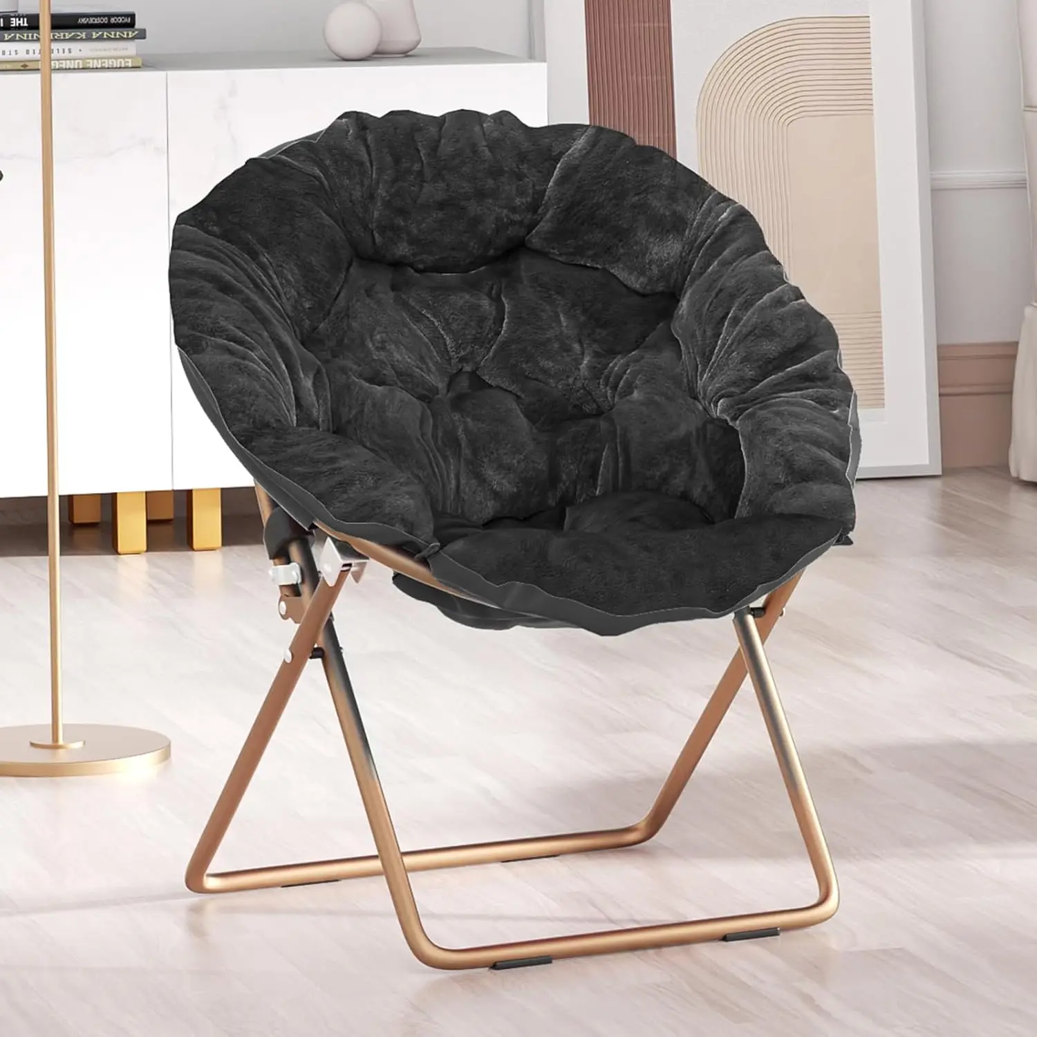 Foldable Oversized Moon Chair, Large Soft Lazy Cozy Comfortable Faux Fur Round Saucer Moon Chair for Teens and Adults, Black