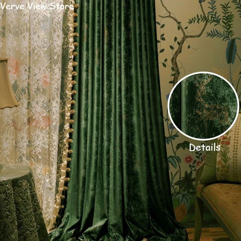 

Blackout Curtains Luxury Custom Vintage Dark Green Gold Embossed Velvet Drapes in Living Dining Room Bedroom Villa Finished