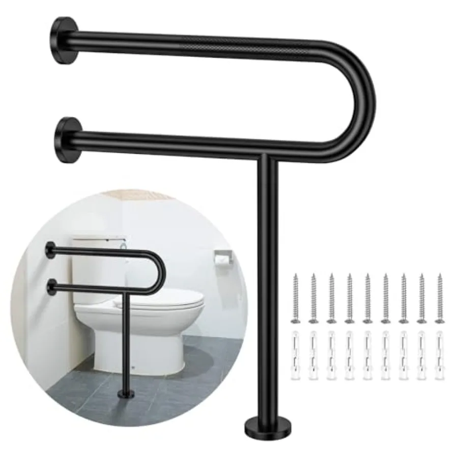 

Toilet Support Rail 23.4X 28 Inch Anti-Slip Black Handicap Grab Bar for Bathroom Stainless Steel Knurled Safety Handrails with