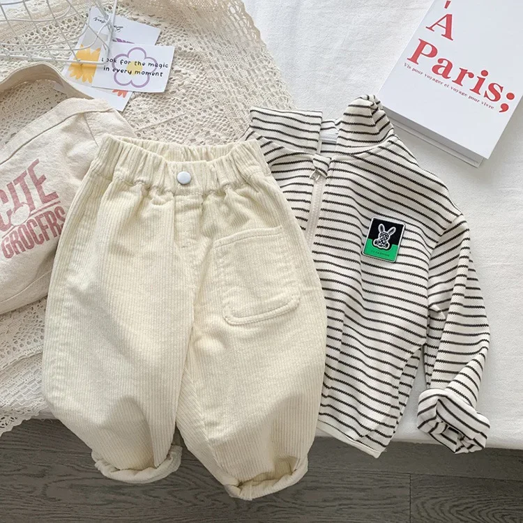 2026 Frühling Herbst Kinderhosen 2-7T Einfacher Stil Jungen und Mädchen Lose Cordhosen Babykleidung Kinderhosen Outdoor-Bekleidung – Detail 8