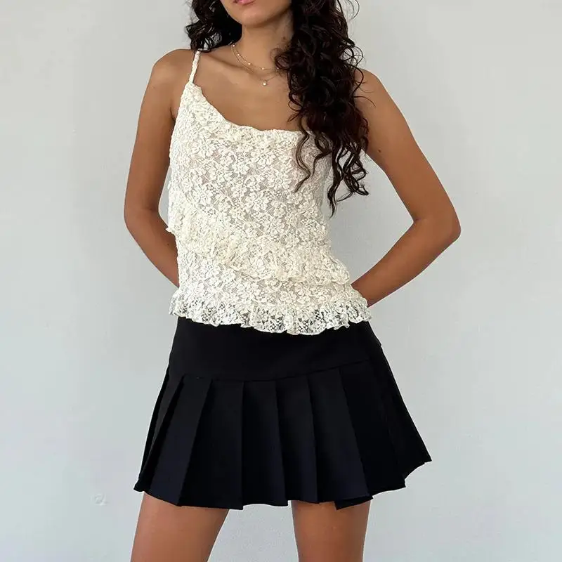 

Combhasaki Women Summer Floral Lace See-through Sheer Vest Adjustable Shoulder Straps Ruffled Irregular Hem Layered Slim Camis