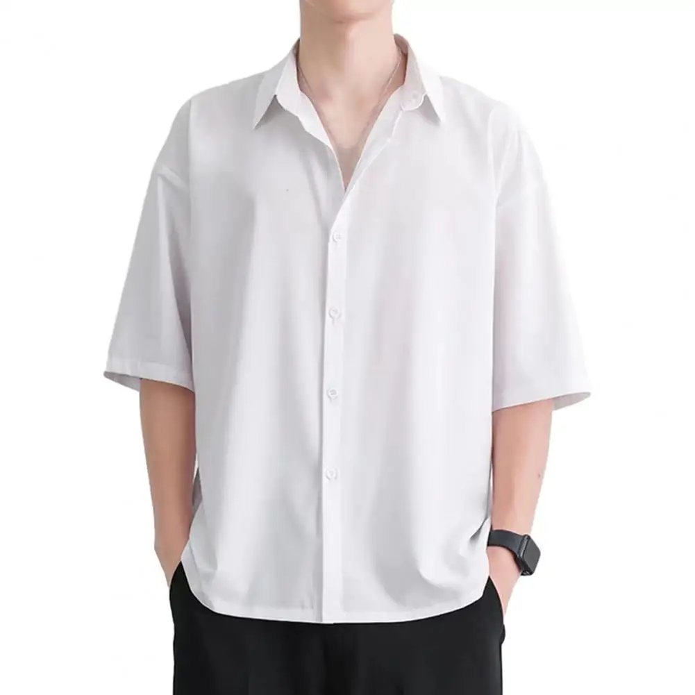 Camisa informal transpirable para hombre, camisa de verano de Color sólido con cuello vuelto, diseño de un solo pecho, comodidad informal