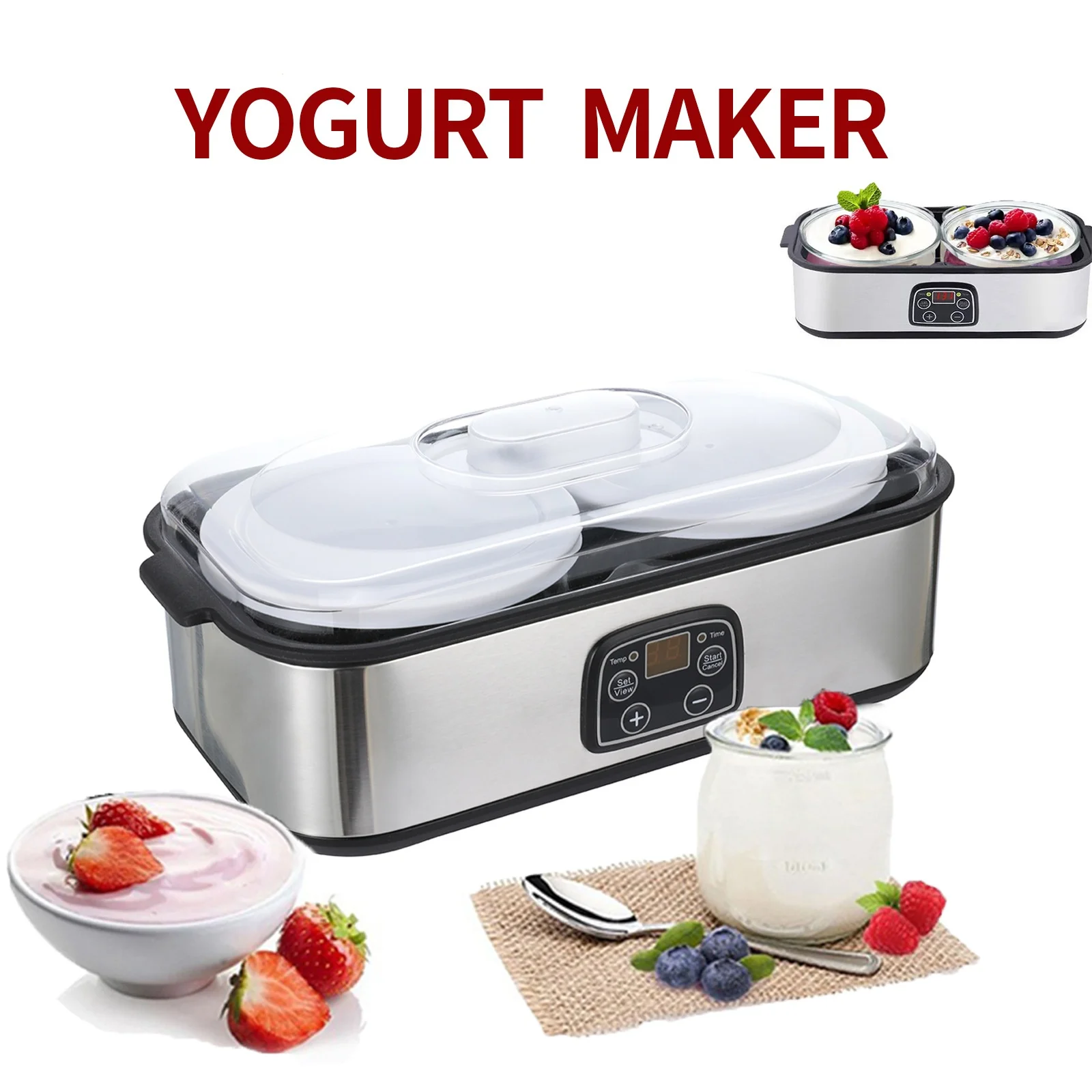 Машина для приготовления йогурта с двумя чашками, 2 л, машина для приготовления мороженого, машина для приготовления пудинга, машина для приготовления завтрака, машина для ферментации домашнего йогурта