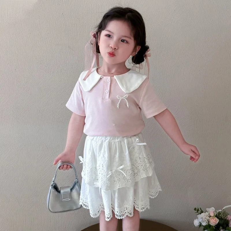 

Girls' Summer Doll Collar Bow Two-Piece Set2026New stylish children's outfit for girls, trendy internet-famous children's clothi