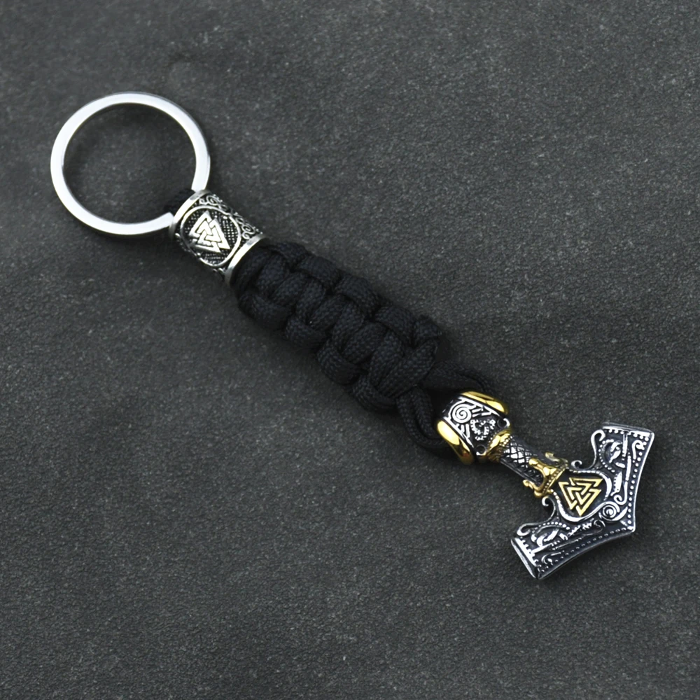 Men's Stainless Steel Anchor Pendant Paracord Keyring Vikings Thors Hammer Rune Valknut Keychain Handmade Norse Jewelry