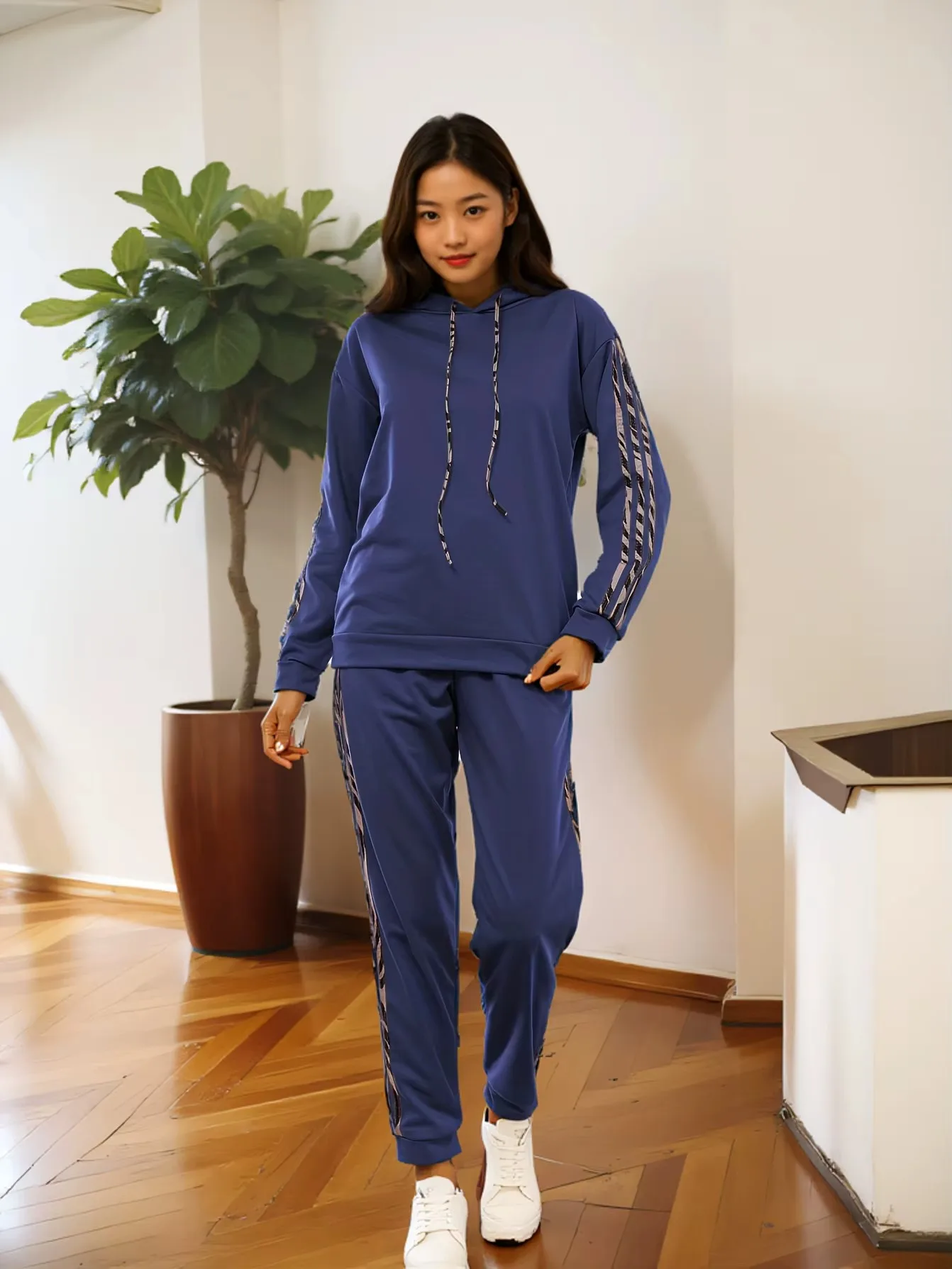 

2Piece Drawstring Hooded Trousers Suit Leopard Print Casual Long Sleeve Tracksuit Solid Casual Pullover Sweatshirt and Pants Set