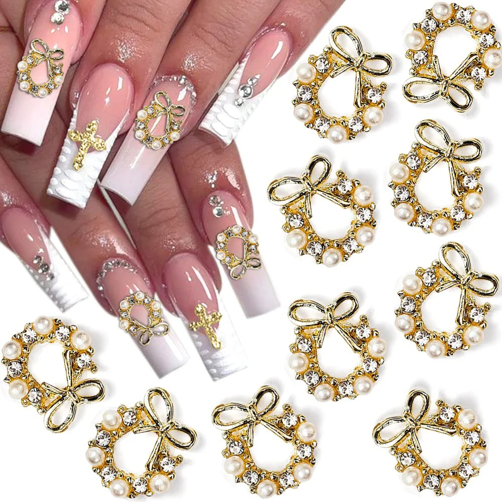 10Pcs Garland Bowknot Pearl Zircon Nail Art Charms 3D Gold Silver Christmas Wreath Nail Decoration Luxury DIY Nail Accessories