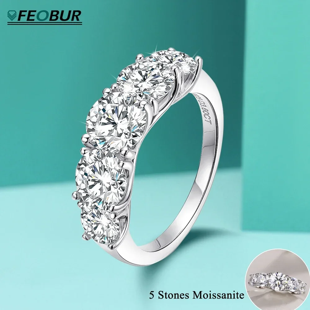 

FEOBUR 3.6CT D Color Moissanite Ring for Women 5 Stones Sparkling Diamonds 925 Sterling Silver Wedding Band with Certificates