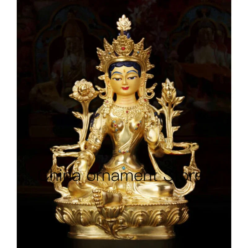 

8" Buddhism old Handpainted bronze statue gilt Buddha Bodhisattva Tara Green