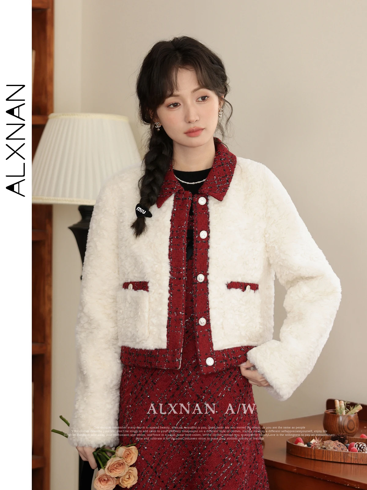 

ALXNAN Women Short Warm Winter Jacket Woman 2024 Fashion Straight Patchwork Tweed Fluffy Coat Female New in Outerwears LXN32750