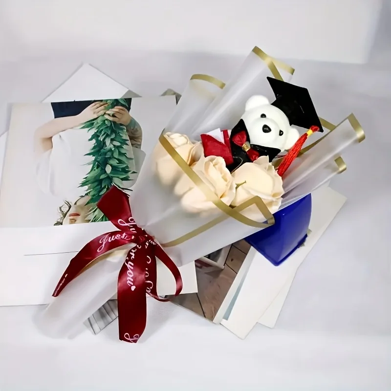 1 هدية إبداعية للتخرج دكتوراه الدب ثلاثة وردات باقة عباد الشمس، مناسبة لعيد الحب، عيد الأم، عيد المعلم