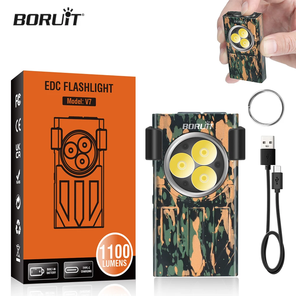 

BORUiT V7 EDC LED Flashlight Keychain 1100LM Torch USB-C Rechargeable Lamp UV Light Waterproof Work Camping Lantern With Magnet