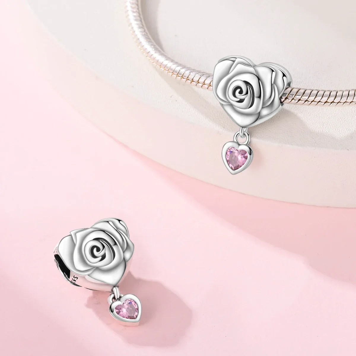 925 Sterling Silver Valentine\'s Day Pink Rose Charms Heart Beads Fit Original Bracelet Diy Anniversary Jewelry for Women