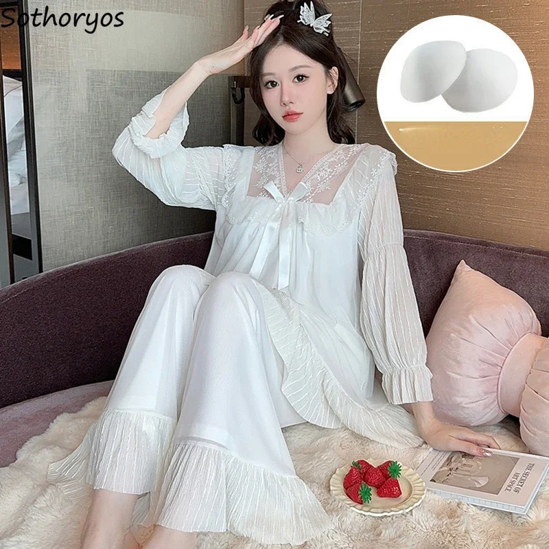 White Pajama Sets Women Padded Sleepwear Home Gentle Spring Autumn Lace Design Aesthetic Korean Fashion Lounge Casual Females