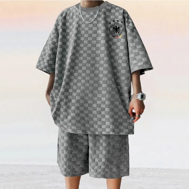 

Summer European fashion brand men's checkerboard pattern German print spring summer easy sports and leisure two-piece set