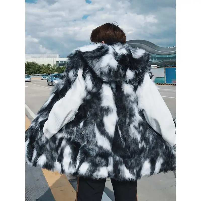 Men's Loose Fit Fur Vest D 61969 Leather Jacket Cotton Liner Cross-Border Overseas Warehouse PU Material Long Coat Double Button