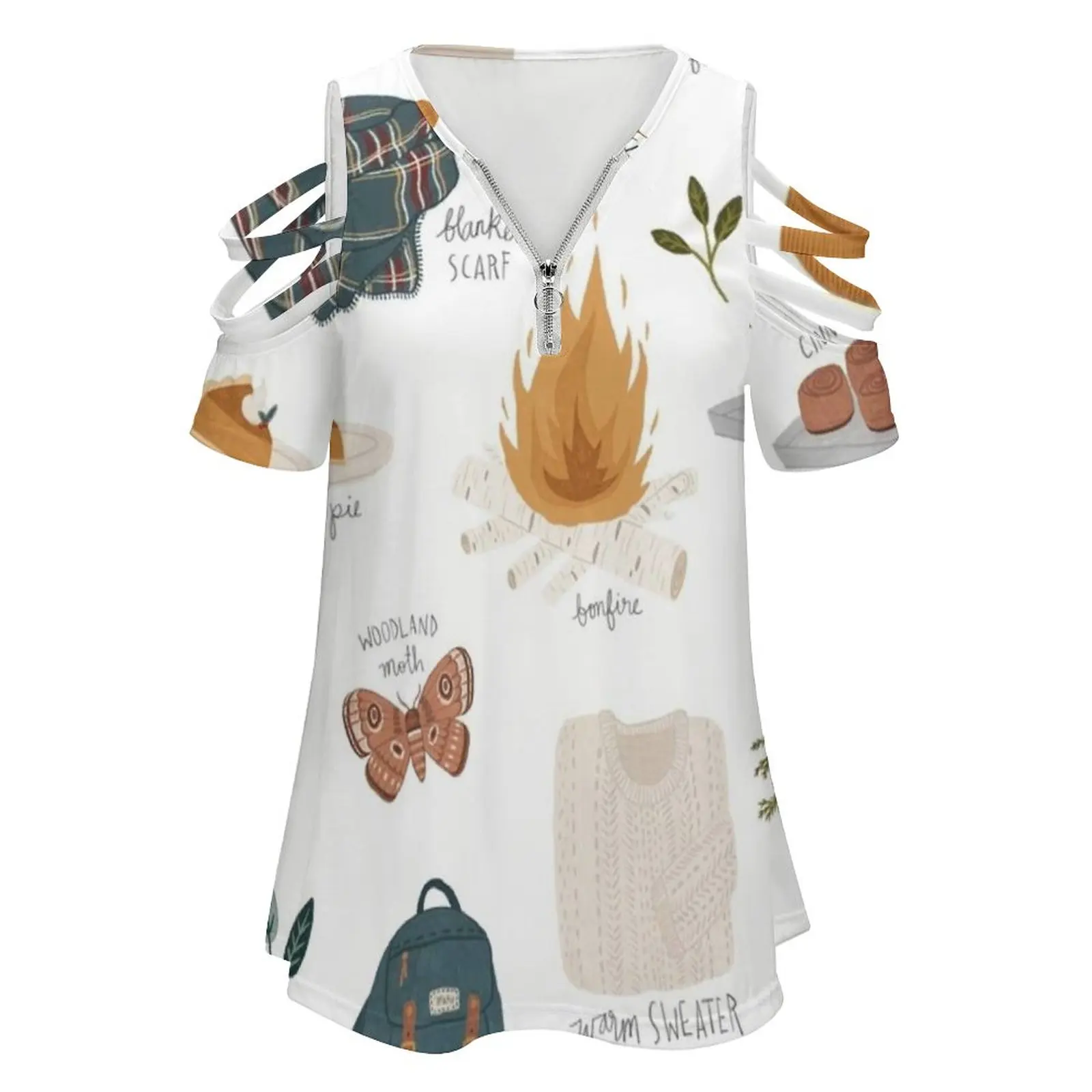 Hello Autumn Women Zipper Various styles Printed T Shirts Tops Full Print T-Shirt Autumn Autumnal Fall Seasons Seasonal Season