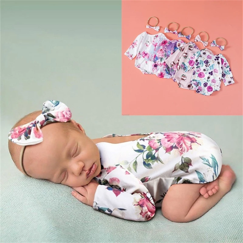 Newborns Photography Flower Romper Set with Heanband for Baby Girls Lovely Outfit Props for Memorable Photoshoots