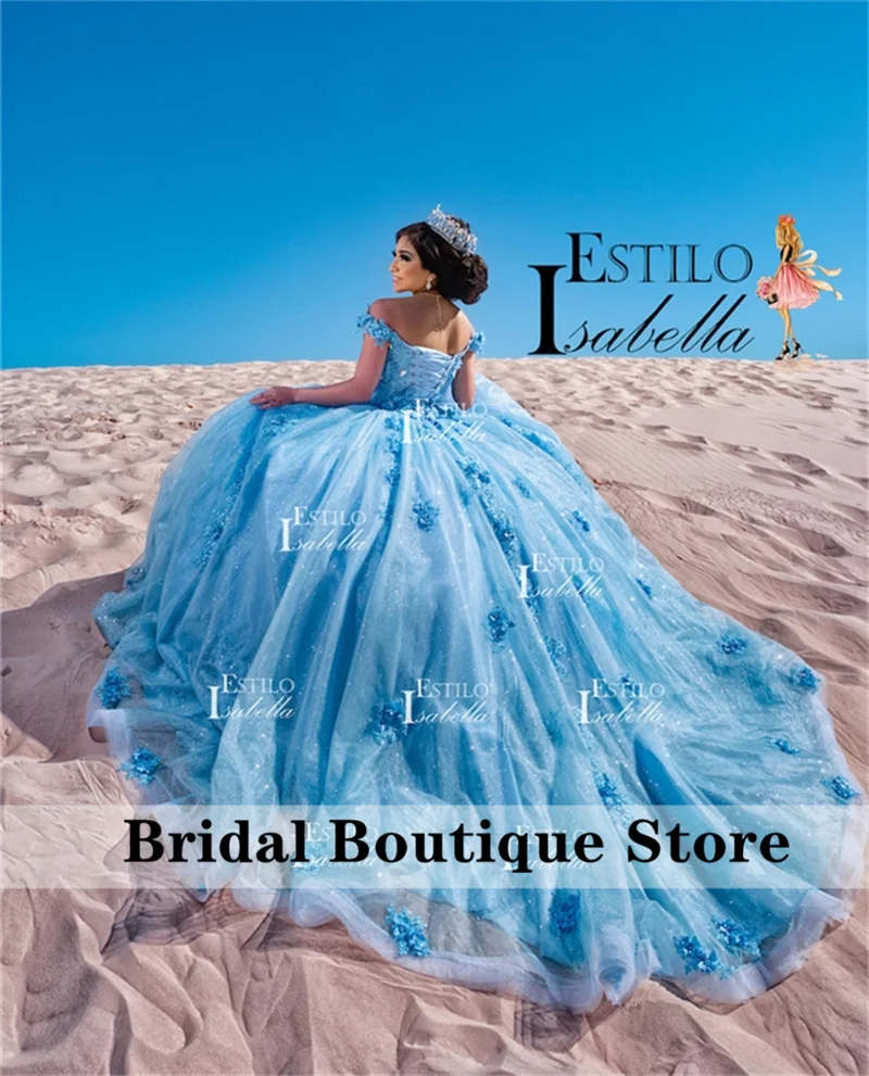 

Sweet 16 Sky Blue Princess Quinceanera Dress Off Shoulder Flower Applique Beading Ball Gown Vestidos De 15 Anos Lace-Up