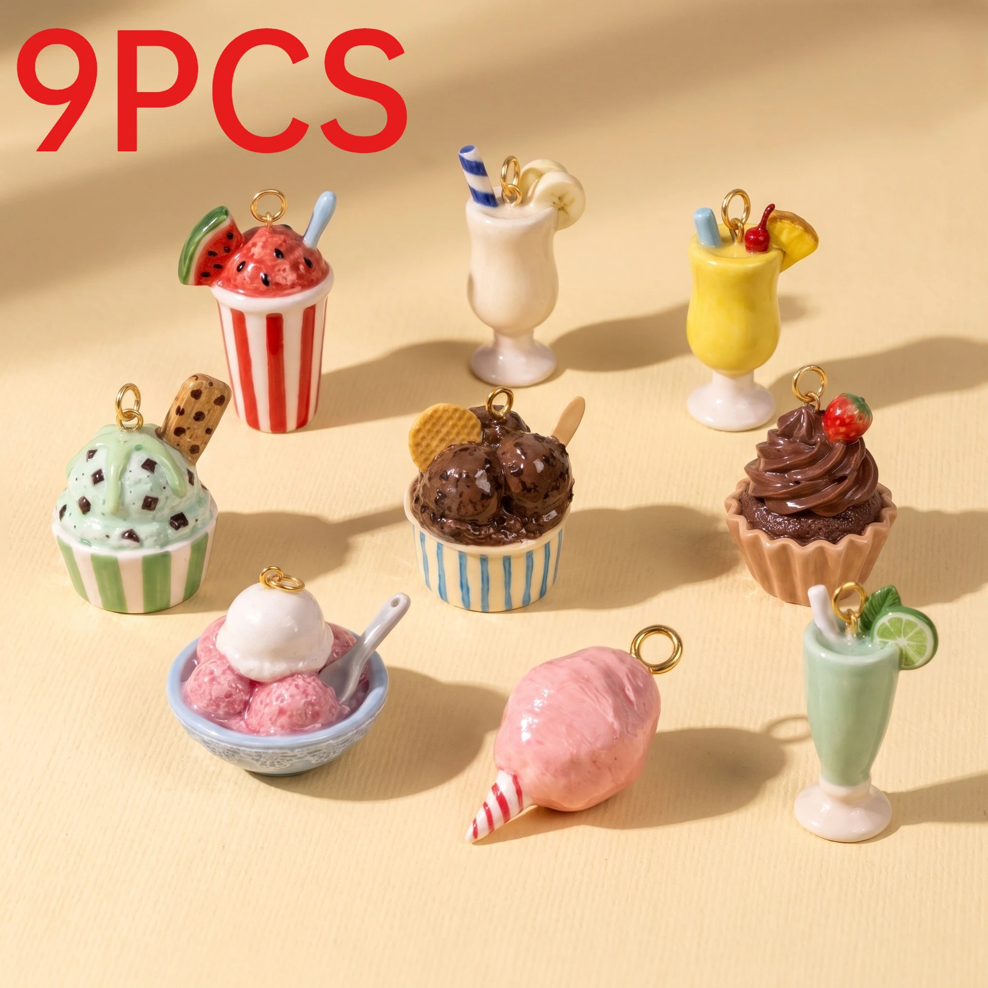 9Pcs Mini Dessert Charms 3D Simulation Ice Cream Milkshake Shape Glossy Enamel Cute Girls Jewelry Accessories