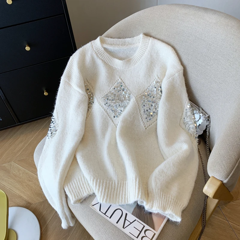 

MEXZT White Sequined Sweater Women Fashion Streetwear Long Sleeve Knitted Pullovers Winter Korean O Neck Knitwears Loose Jumpers