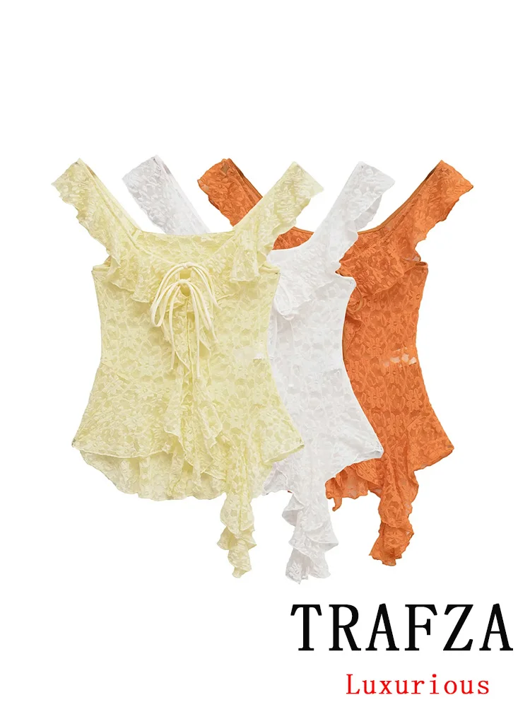 

TRAFZA Casual Chic Women Solid Tops Sleeveless Lace Folds Stacked Slim Vest New Fashion 2025 Autumn Holiday Female Sheath Tops