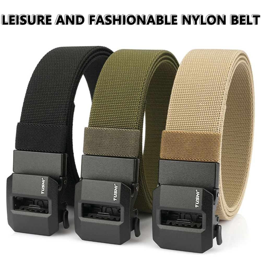 TUSHI Neuer Golf-Sportgürtel, elastischer Gürtel, taktischer Gürtel, Metall, automatische Schnalle, Stretch-Nylon, Herren-Militärgürtel, 120–150 cm, große Gürtel – Detail 1