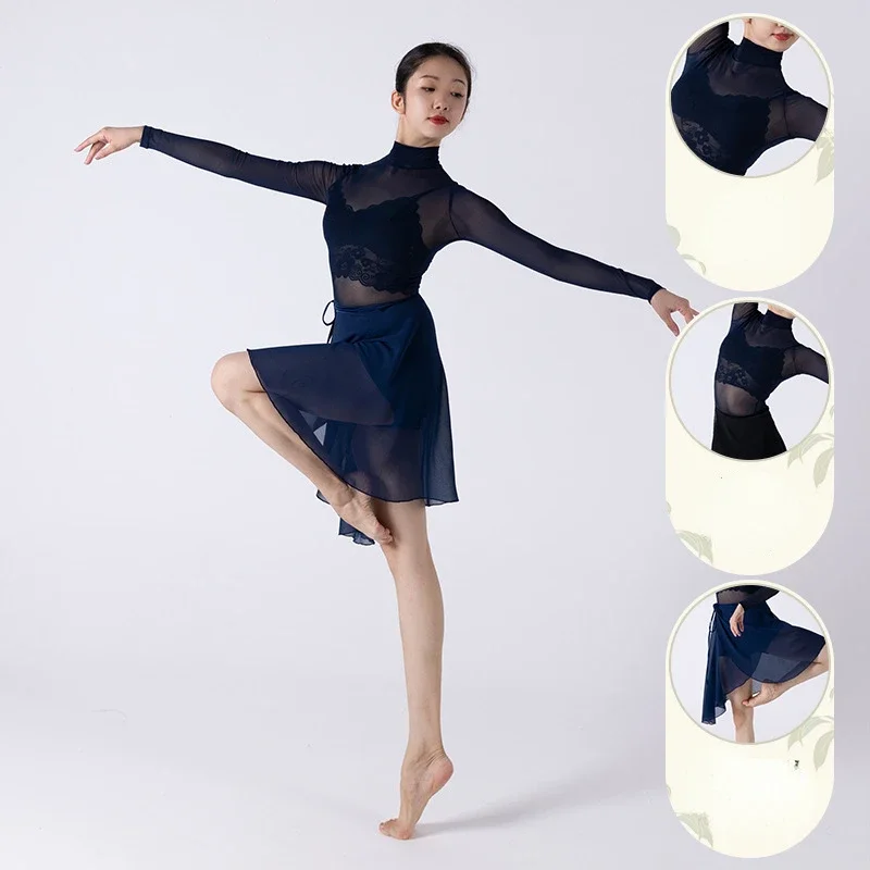 Ballet Leotards For Women High Collar Mesh Transparent Long Sleeve Dance Training Clothes Belly Dance Swimwear Bodysuit Top