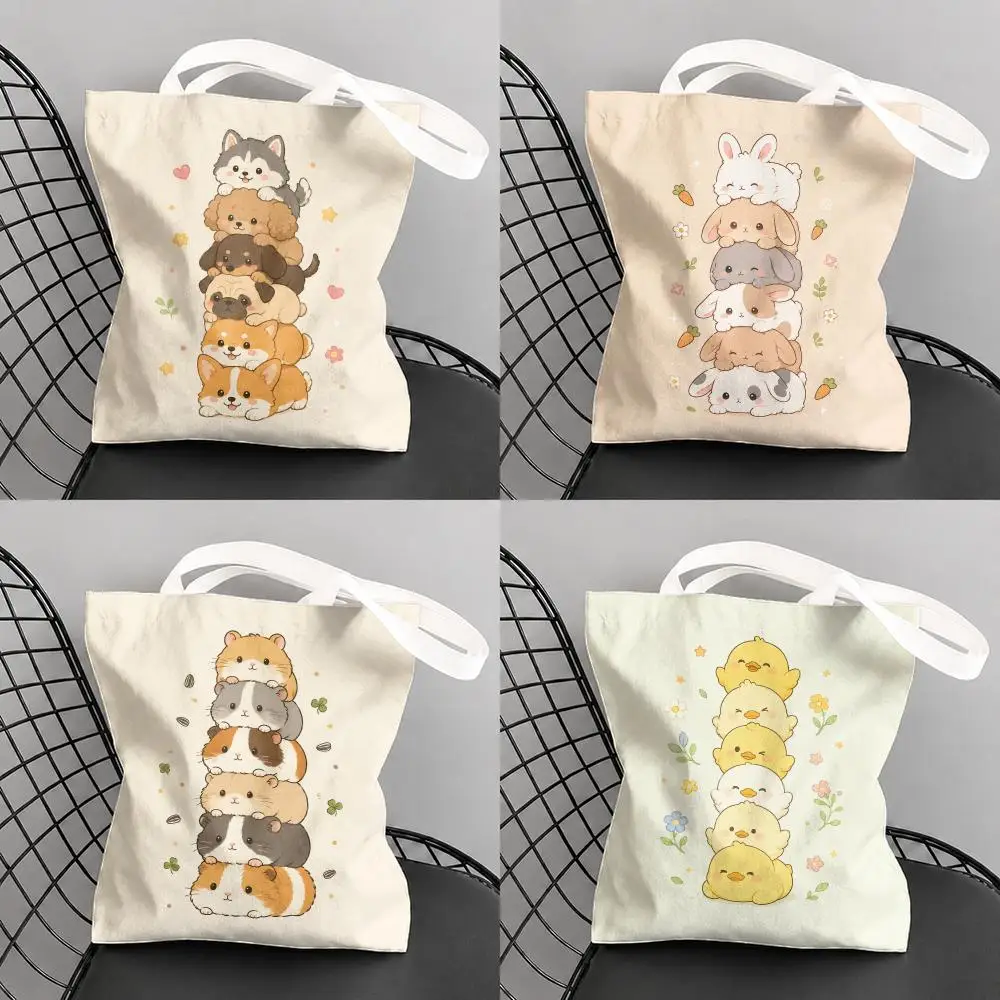Kawaii Stacked Animals Storage Bags Canvas Tote Bag Large Capacity Reusable For Shopping Commute Grocery Shoulder Bag Gift