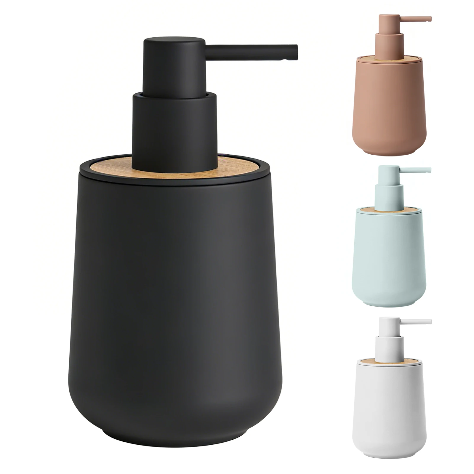 

BATHLUX Modern Matte Rubber Coated ABS Soap Dispenser with Bamboo Accent Refillable Hand Soap Pump Bottle for Bathroom Kitchen