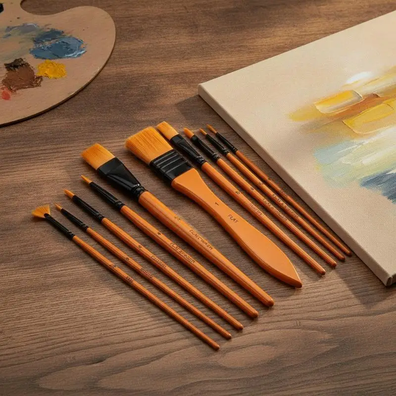 Watercolor Nylon Paint Brush Kit 10 Pcs Orange Rod Brushes with Portable Canvas Bag for Travel Sketching Hobbyists